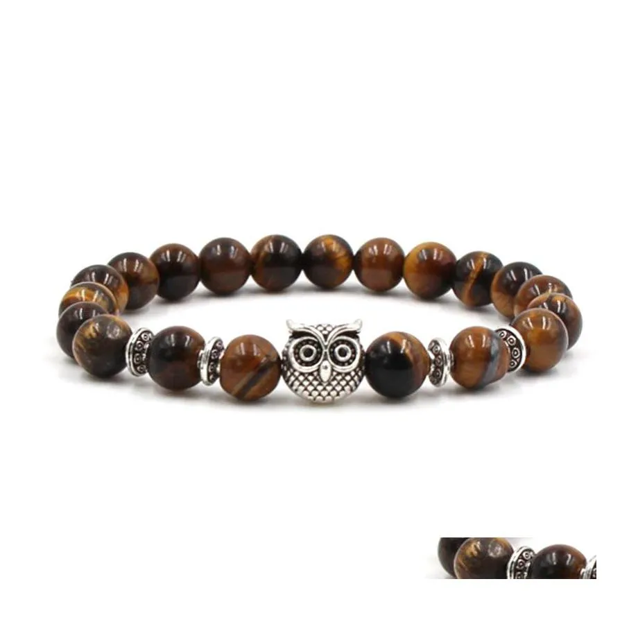 Charm Bracelets Tiger Eye Natural Stone Skl Fatima Palms Owl Lion Head Beads Bracelet Lucky Mens Hjewelry Drop Delivery Jewelry Dhrcz