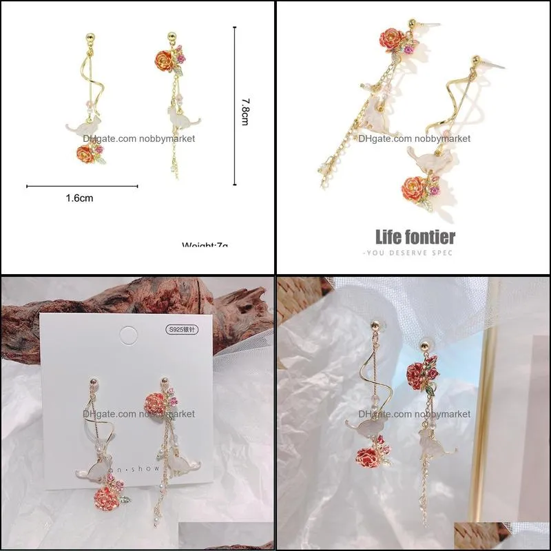 Dangle & Chandelier Lifefontier Exquisite Colorful Enamel Rose Drop Earrings For Women Asymmetric Shell Cat Charm Chain Tassels