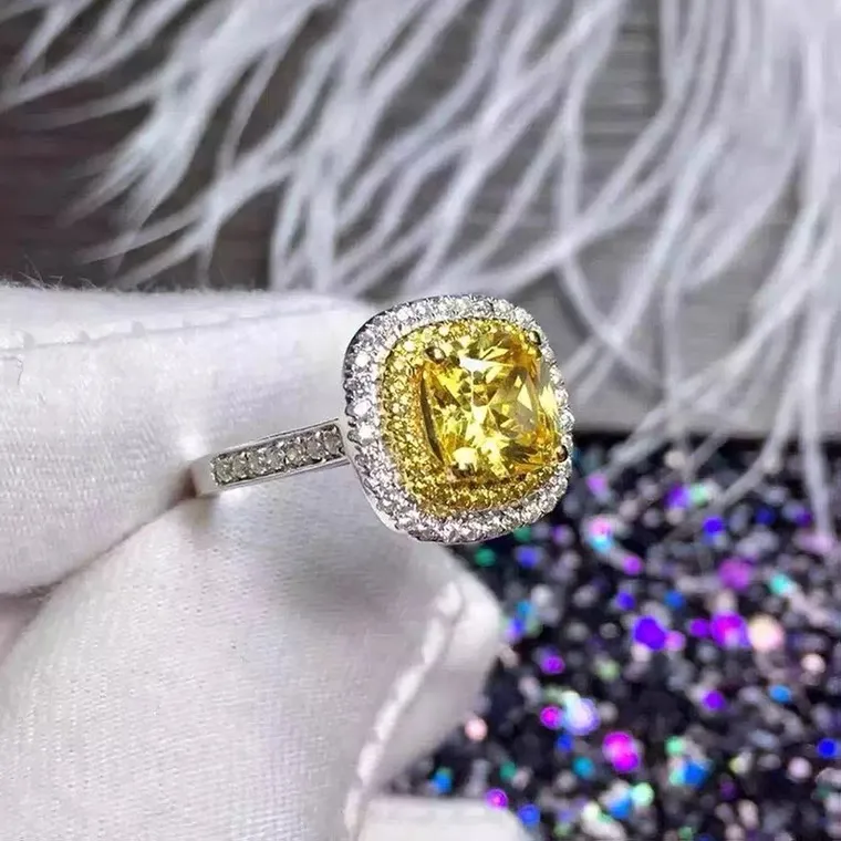 Size 5-10 Wedding Rings Luxury Jewelry 925 Sterling Silver Fill Cushion Shape Large Yellow 5A Cubic Zircon CZ Diamond Eternity Women Pave Engagement Band Ring Gift