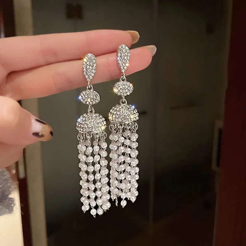 Dangle & Chandelier Vintage Geometric Rhinestones Crystal Earrings for Women Long Tassel Mini Beads Dangle Earrings Statement Jewelry