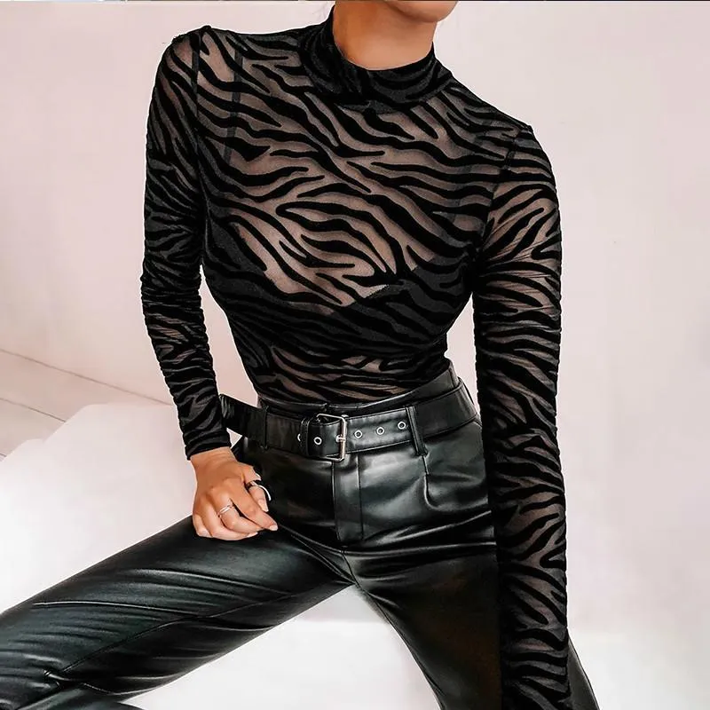 Pantalon de deux pièces pour femmes Lastylisher Sexy Mesh Stripe Print Femmes Body Body à manches longues Col Mock Voir à travers Bodys Black Elastic Ladies R