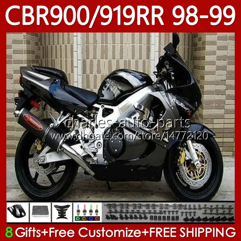 Carroçaria para Honda CBR 900 919 RR CC 98-99 Anos Bodys 127No.06 CBR 919RR 900RR 900cc 919cc CBR919 Prata Preto CBR900 RR CBR919RR 98 99 CBR900RR 1998 1999 Kit de Feira