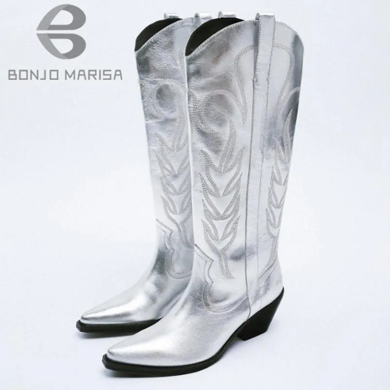 Metallic Silver Cowgirl Western Cheap Cowgirl Boots With Embroidered Mid Calf Strap For Autumn Winter Style 220813 From Factory Shanye06 Bulk 45.14 DHgate.Com