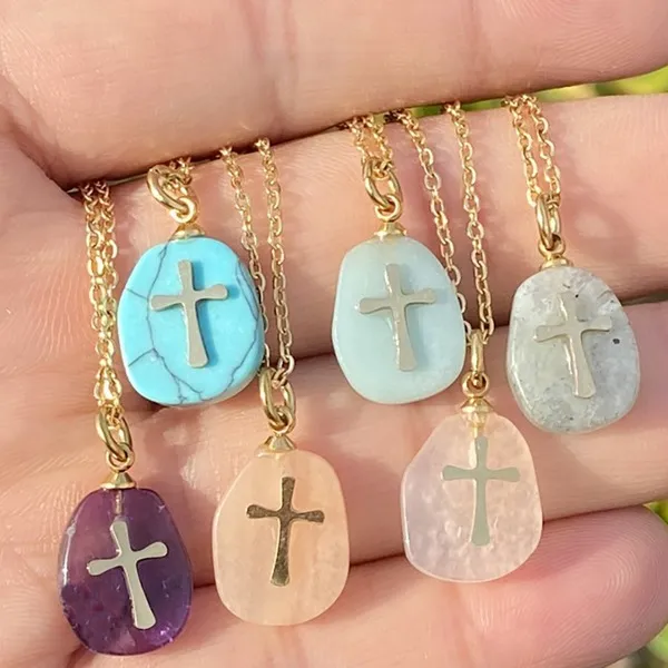 women's natural stone cross necklace Gold chains fashion jewelry for women will and sandy