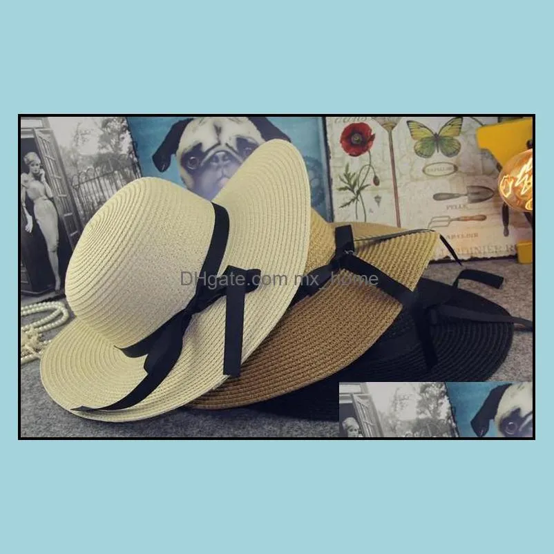 Summer Girls Grass Braid Hats Children`s Bow Ribbon Beach Cap Kids Hollowed-out Sunhats Baby Fashion Straw Hat Bows A9296