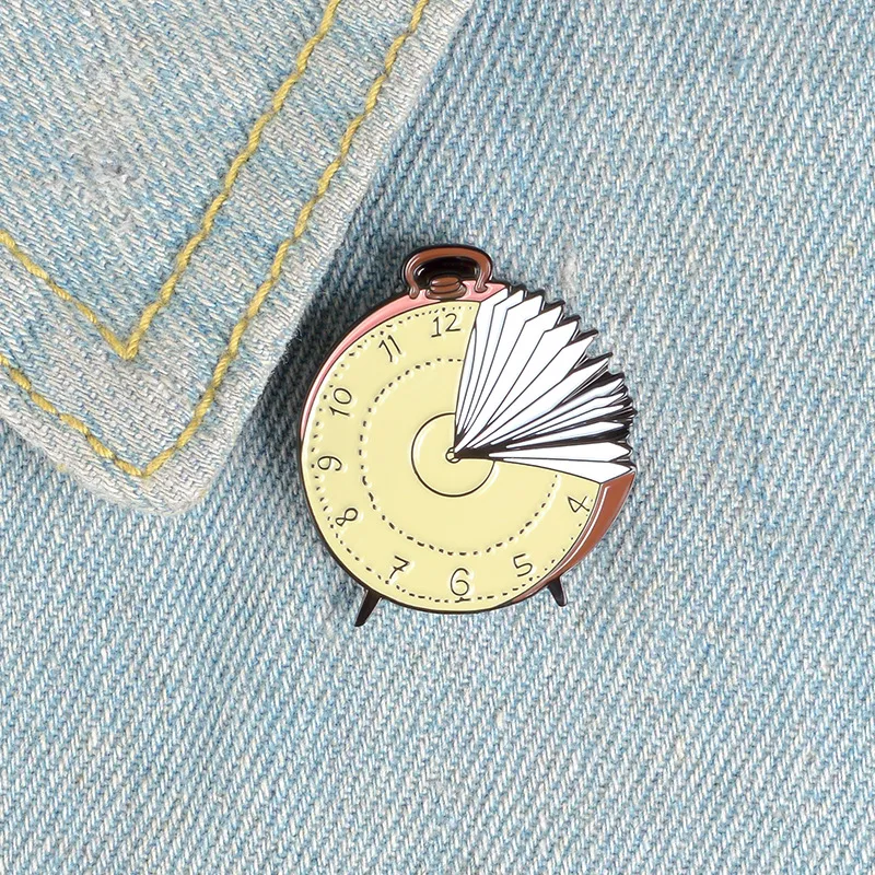 Reading Time Enamel Pin Custom Books Clock Brooches Backpack Clothes Lapel Pin Badge Jewelry Gift for Kids Friend