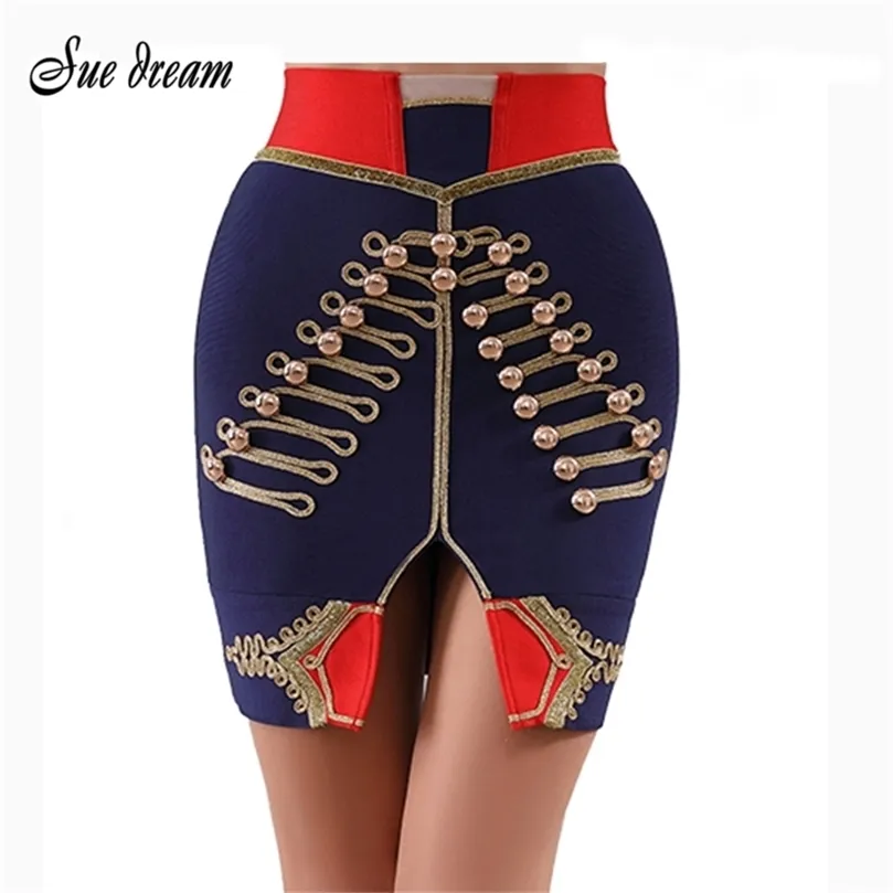 High Quality 2020 Summer New Women s Fashion Sexy Blue Button Bodycon Mini Bandage Skirt Club Party Skirt Vestidos T200712