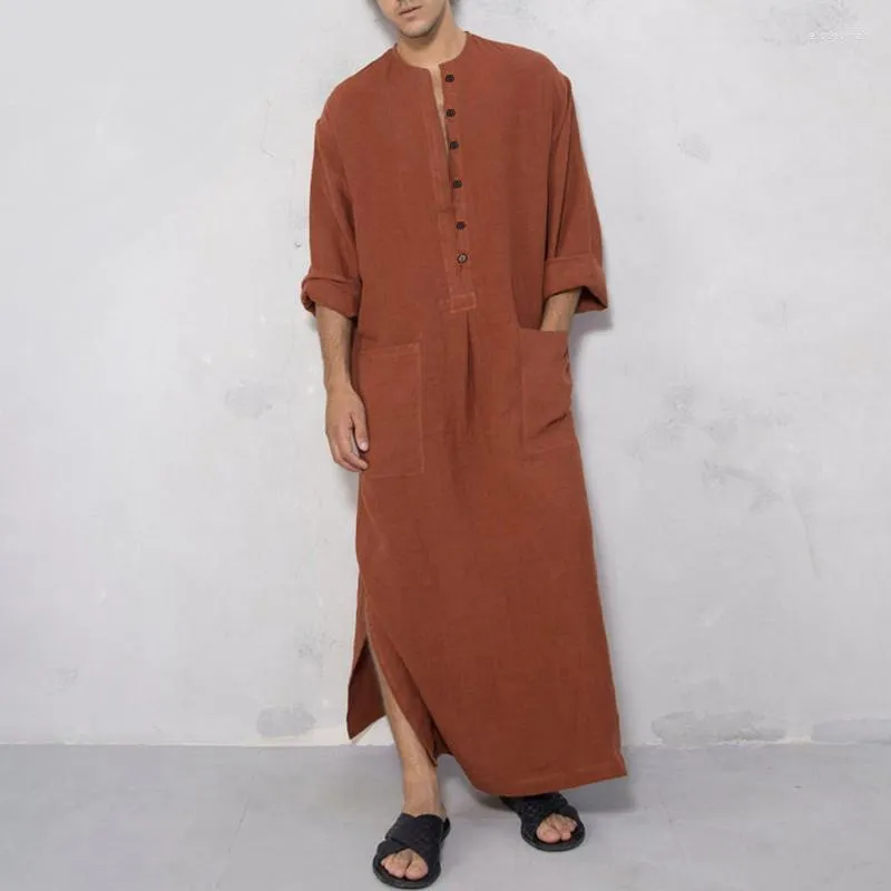 Men's Casual Shirts Men Islamic Arabic Long Sleeve Robes Men's Muslim Clothing Kaftan Tops With Pockets Solid Color M-5XLMen's Eldd22