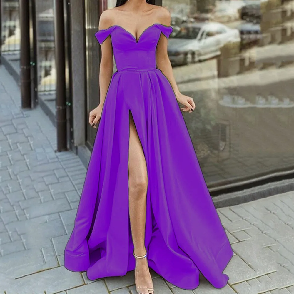 Prom Dress Spring Satin Off the shoulder V Neck High Slit Long Evening Gown Formal Elegant Vestidos De Gala