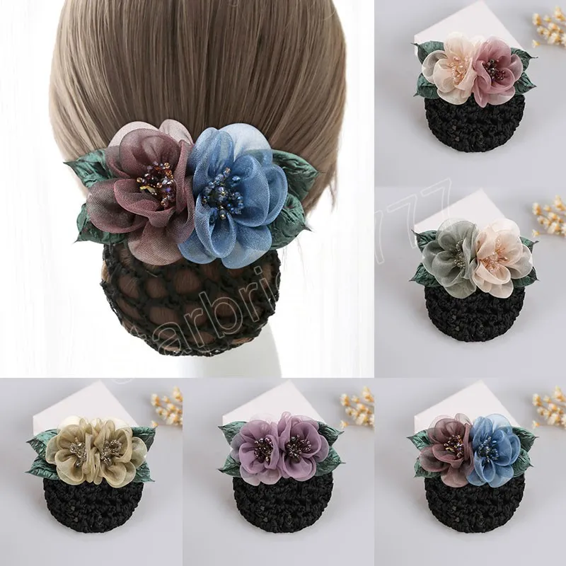 Pinces à cheveux avec ruban en forme de fleur pour femmes, bandeau en cristal, filet à chignon, nœud Snood, accessoires pour cheveux de mariage