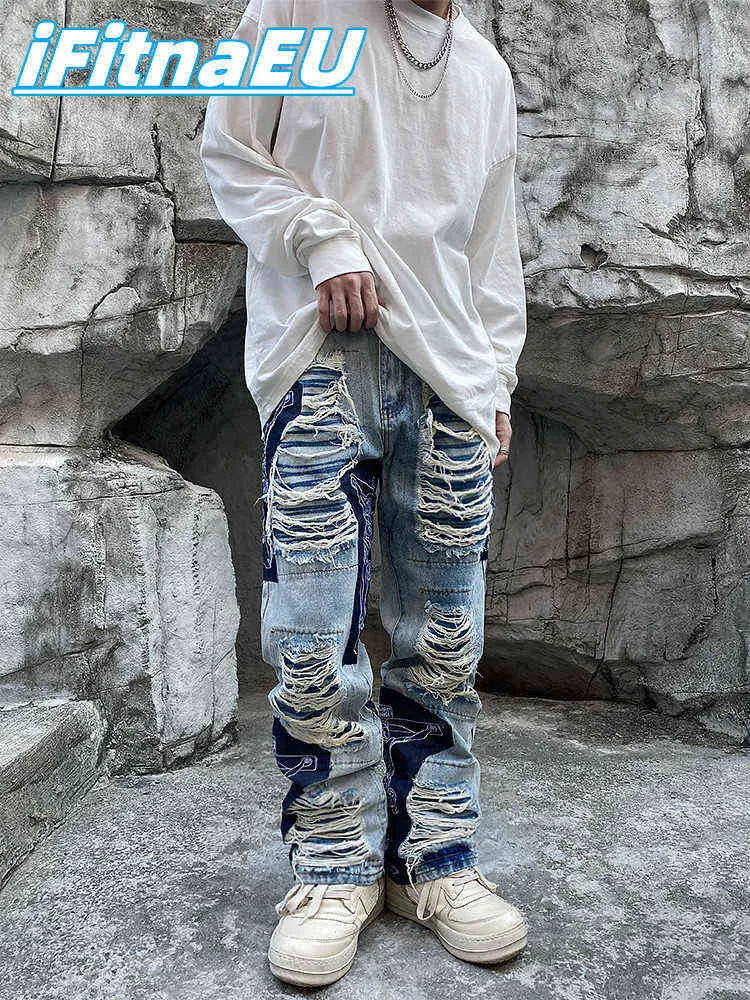 Jeans strappati Baggy Men Print Pantaloni Harajuku Slim Trendyol Pantaloni Hip Hop moda uomo Y2k Man Grunge Streetwear Stacked X220714