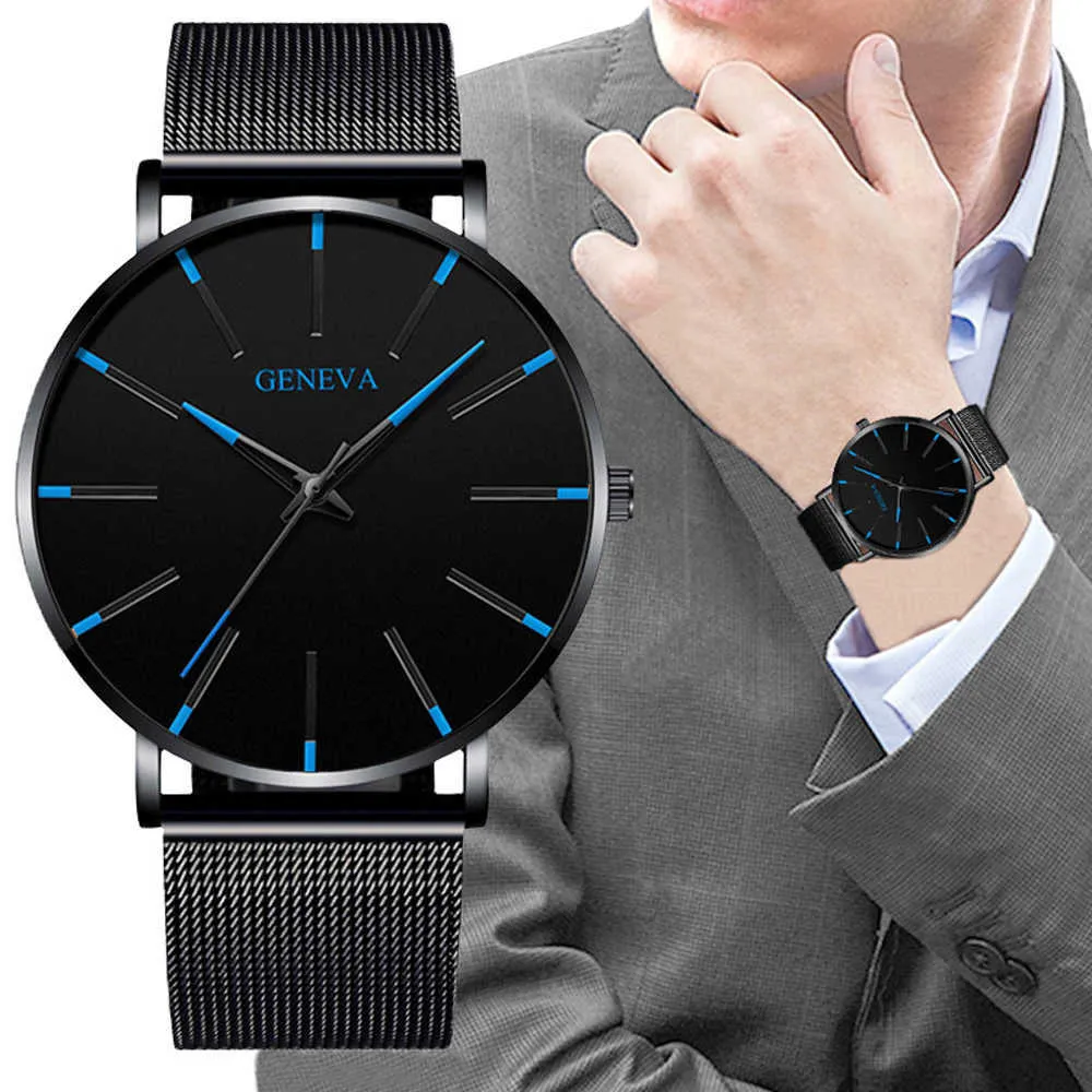 Montre minimaliste pour hommes, Ultra fine, Simple, Business, en acier inoxydable, avec ceinture en maille, à Quartz, 2022