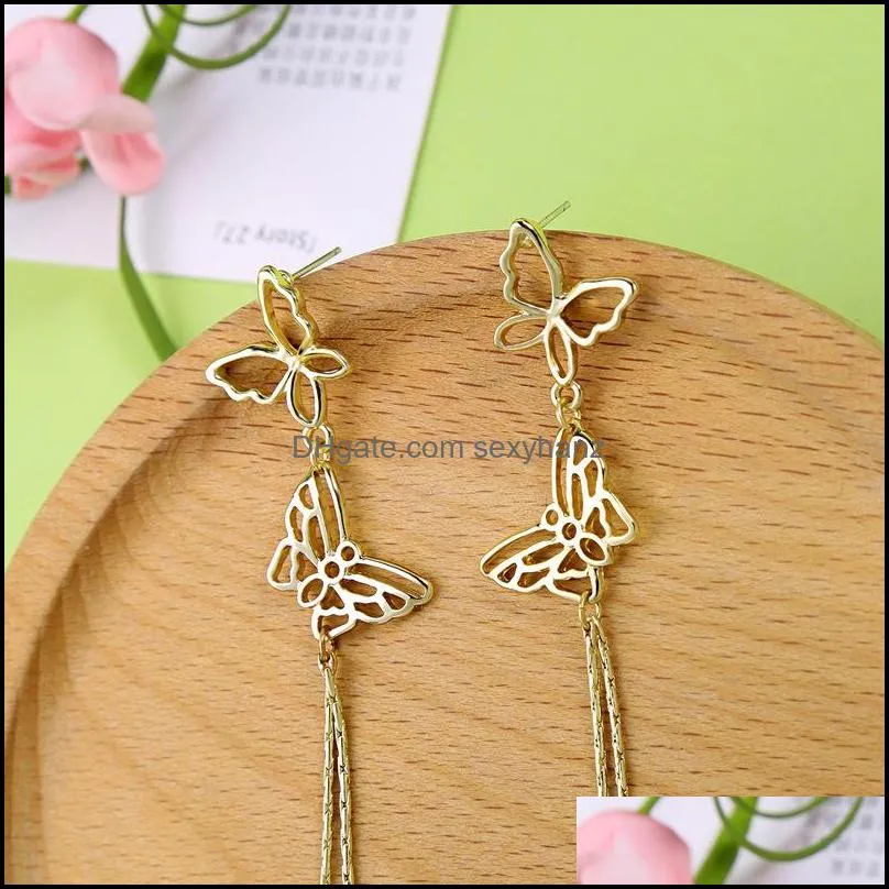 Fashion Long Tassel Earrings Hollow Double Butterfly Tassel Earring 925 Sterling Silver Needle For Women Wholesale Jewelry