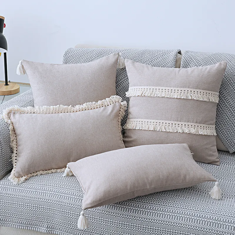 Pillow Case Cotton Linen Cushion Cover 30x50cm 45x45cm Pillow Beige Grey Blue Yellow Boho Style Tassles for Sofa BedHome Decorative 220714