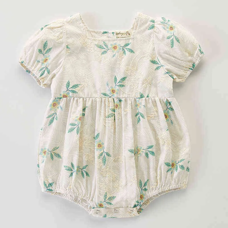 Spädbarnsflickor Jumpsuit Koreansk stil Kort ärm Bomull Floral Tryck Baby Girl Bodysuits Baby Girls Clothes For Summer G220521