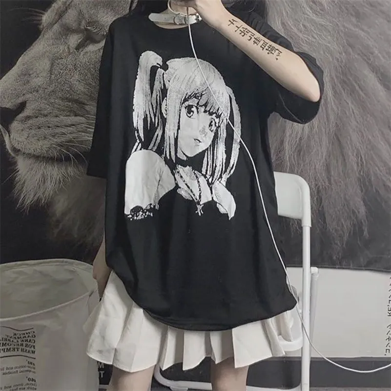 Anime graphique t-shirts femmes été Style japonais Alt vêtements esthétique E haut pour fille Mujer MINGLIUSILI noir Goth t-shirt 220321