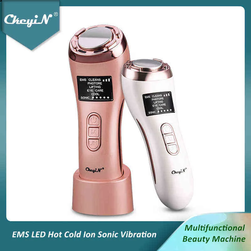 CKEYIN FACE MASSAGER EMS LED Hot Cold Ion Sonic Vibration Facial Lifting Anti Aging Cleaning Moisturizer Beauty Skin Care Tool48 220520