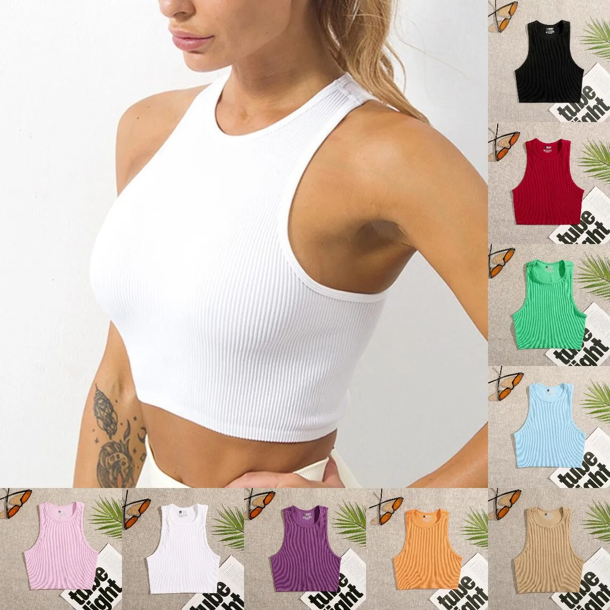 Femmes Yoga Vest Gym Sports Crop Tops Sans Couture Streetwear Rib-Knit Fitness Running Vest Workout Bra Débardeur Femme Sans Pad 14 Couleurs