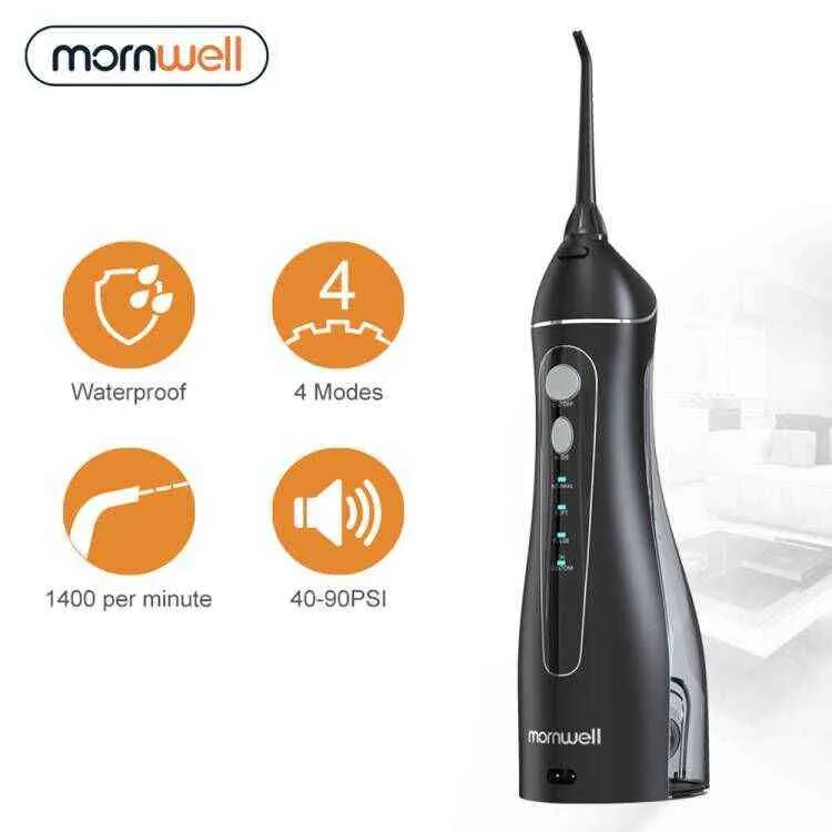 Mornwell Portable Oral Irnalator Seyahat Çantası Su Flosser USB Şarj Edilebilir 5 Nozul Jet 200ml Tank Kanıtı 220518