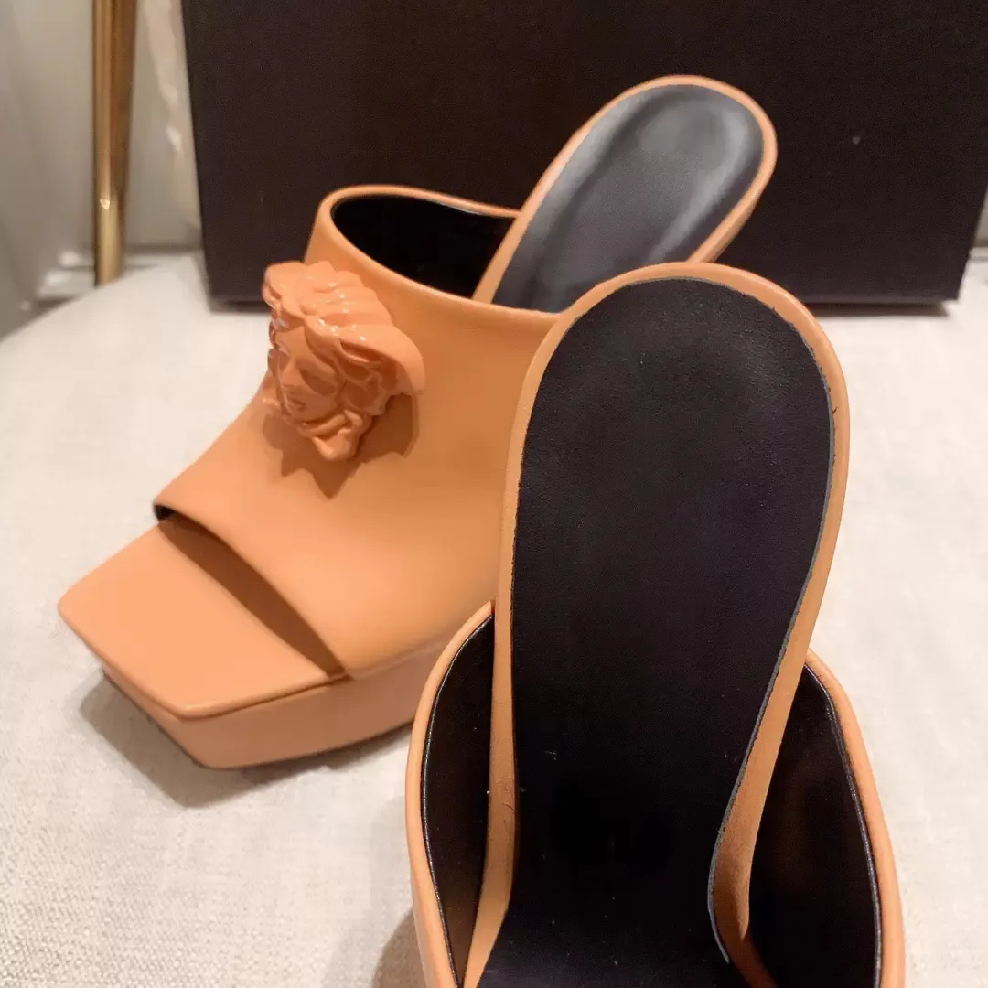 Light Tan La  platform slippers high-heeled sandals stiletto mules Leather high Heels slip-on open toe women Luxury Designers shoes Evening factory footwear