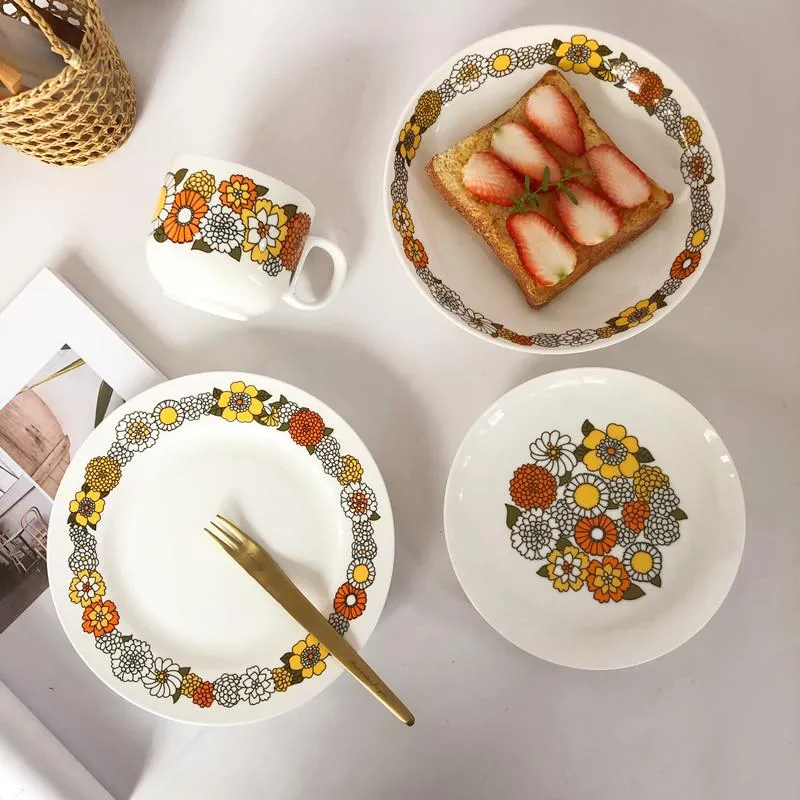 Dishes & Plates 1PCS Sun Flower Bone China Tableware Plate Simple Pattern Style Dish Flat Pasta Dessert Coffee Cup Saucer