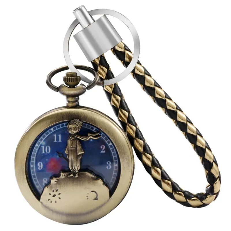 Pocket Watches The Little Prince Movie Planet Blue Bronze Vintage Keychain Quartz Watch Hanging FOB Clock With Leather Rope Key Chain