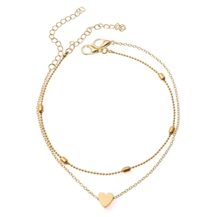 Hot Fashion Jewelry Double Layer Heart Anklet Chain Alloy Beads Ankle Bracelet Beach