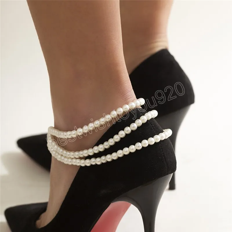 Cavigliere a catena multistrato con perle da donna Bracciale alla caviglia con tacco alto da donna Sandali a piedi nudi Gioielli per feste a piedi