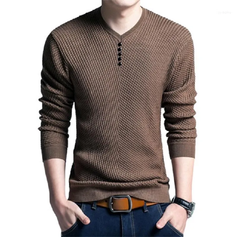 Atacado - Chegada Masculina Moda V-Pescoço Pullover Camisola De Malha Pura Color Leva Manga Completa Slim Fit Knitwear Suéter para Homens