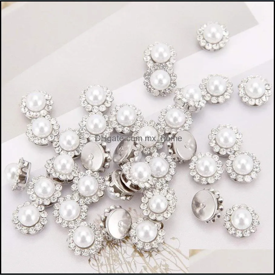 100Pcs Crystal Pearl Buttons, Round Flatback Rhinestone Beads Buttons with Diamond, DIY Craft Sewing Fasteners Accessories for Jewelry