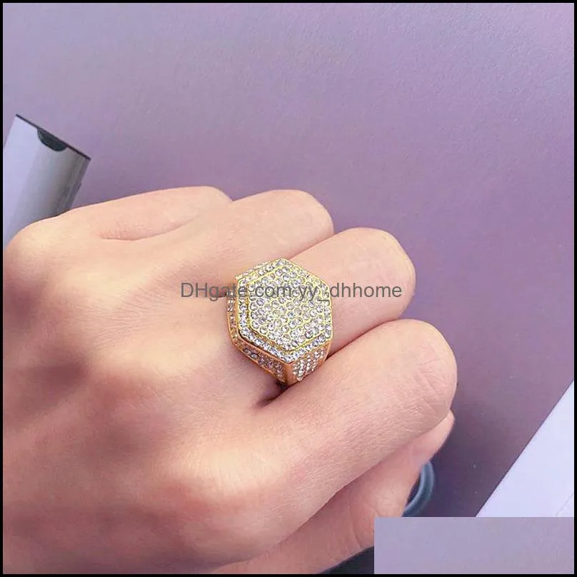 Hip Hop Cube Hexagon Ring Copper Gold Silver Color Plated Iced Out Micro Pave Cubic Zircon Ring for Men Women 260 J2