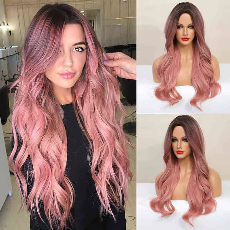 U.shine Ombre Braun Gemischt Rosa Blonde Lange Synthetische Wellen Perücken für Frauen Hitzebeständige Bunte Faser Cosplay Lolita 220622