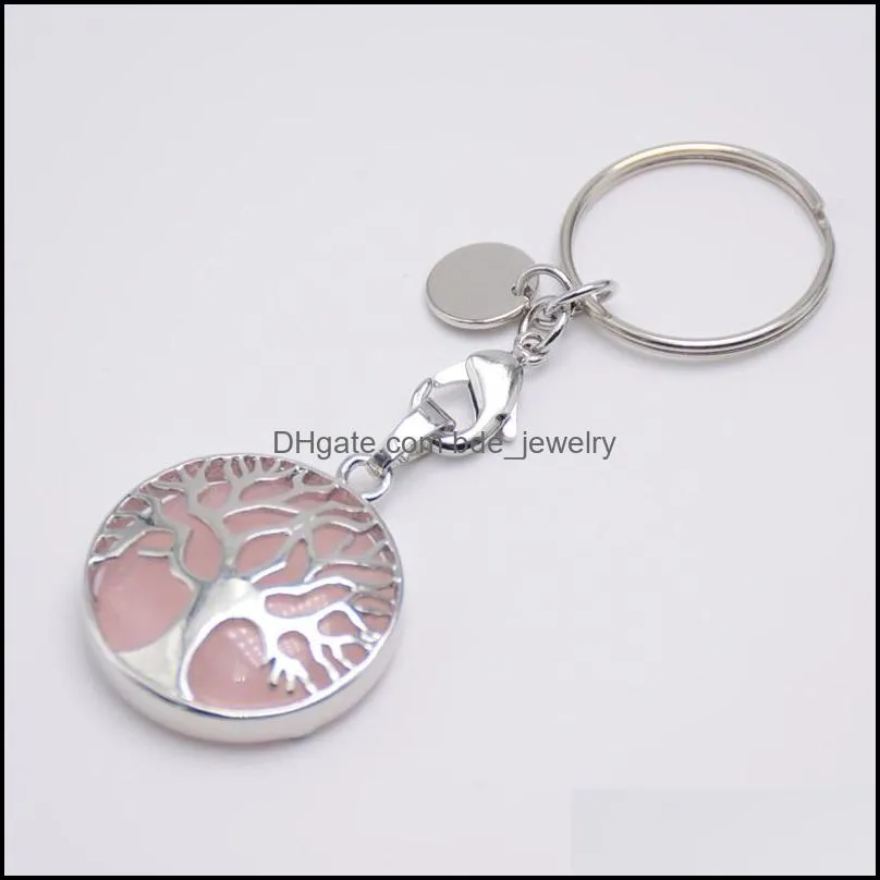 lobster clasp tree of life natural rose quartz gem stone key ring healing crystal keychain jewelry birthday keyrings gift