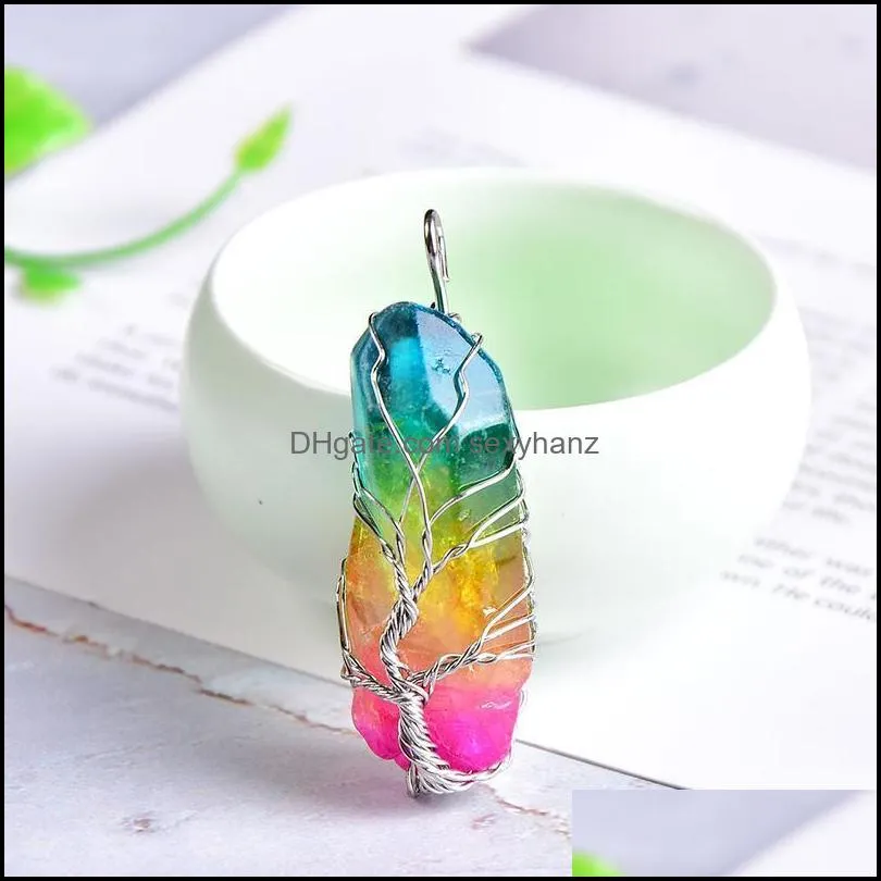 1pc Tree Of Life Natural Crystal Pendant Fashion Electroplatemineral Jewelry Raw Crystals For Men Women Colorful jllFUN