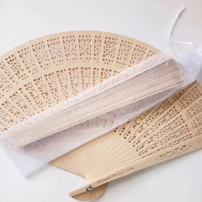 Arts Crafts Gifts Umbrellas Personalized Sandalwood Folding Hand Fan with Organza Bag Wedding Favors Fan Party Giveaway