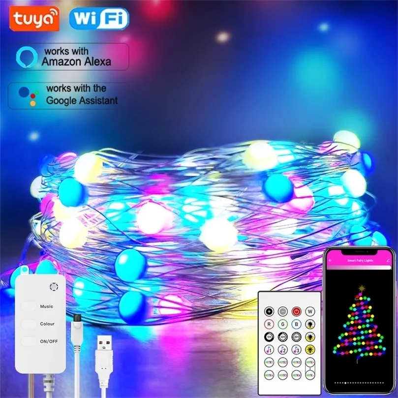 Tuya Smart WiFi LED Fairy String Lights RGBIC 10M 100LEDS APP / 24KEY Fjärrkontroll DIY Juldekoration Arbeta med Alexa 220408