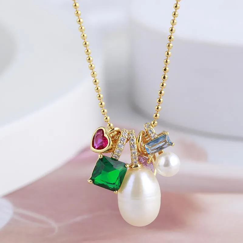 Pendant Necklaces European And American Sweet Three-Dimensional Love Square Water Droplets Colorful Gem Freshwater Pearl NecklacePendant