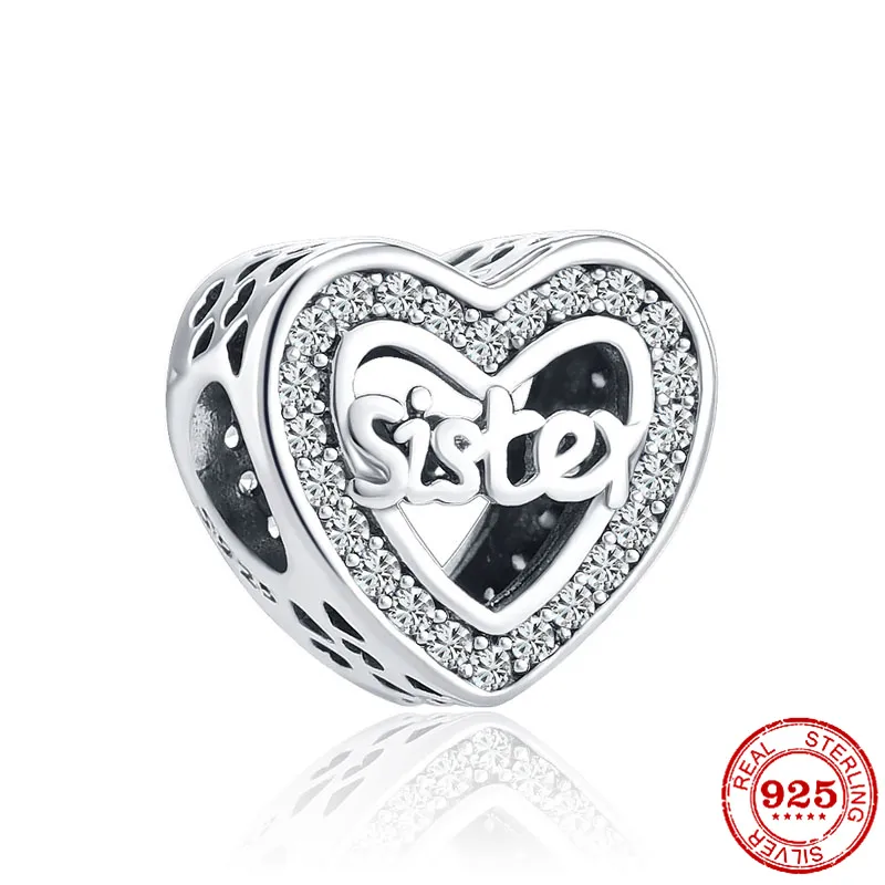 925 Silver Fit Pandora Charm 925 Браслет Серебряное Сердце Сестра Крест Крест Шармы набор подвеска DIY Fine Beads Jewelry