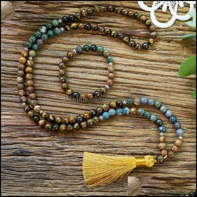 Pendant Necklaces Pendants Jewelry 8Mm Natural Yellow Tiger Eyes Agate Tree Pattern Onyx 108 Japa Mala Beaded Necklace Meditation Yoga Tib