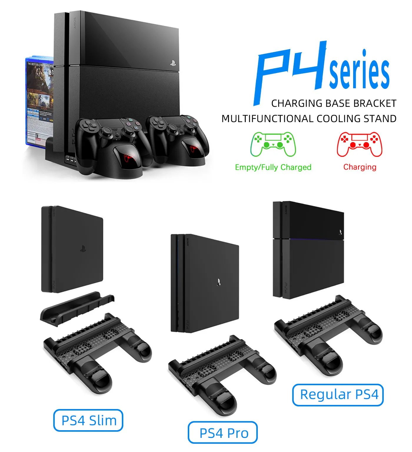 PS4のSLIM/PROの多機能冷却スタンド2デュアルショック用2ファン充電ベースブラケットUSBハブコントローラーアクセサリLED