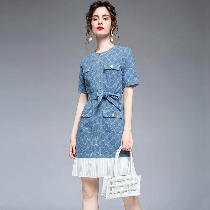 Vestidos Casuais Verão Curto Vestido Denim Bandagem Bolsos Na Cintura Manga Feminina Jeans Elegante Festa Plissado Vestido BalançoCasual