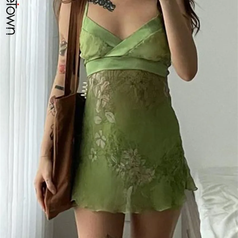 Sweetown Şifon Fairycore Slip Elbise Çiçek Baskı Sevimli Y2K Sundress 2000S Estetik Kawaii Giysileri V Boyun Seksi Kadınlar Elbiseler 220602
