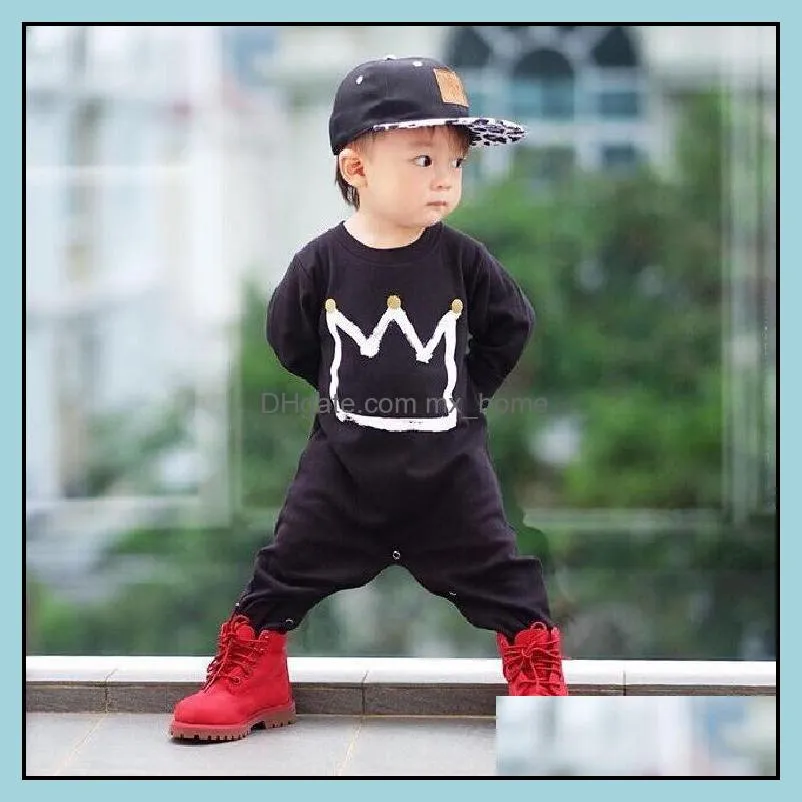 spring baby crown one-piece rompers infant boys long sleeve cotton jumpsuits kids black romper bodysuits children climb clothing 901