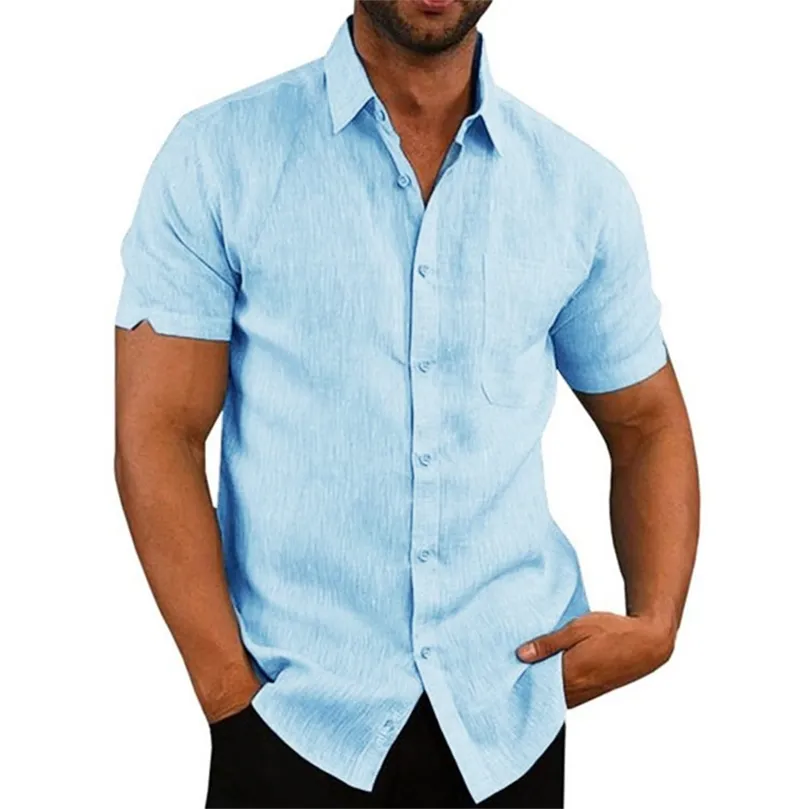 100% bomullslinne Mens Shortsleeved Shirts Summer Solid Color Turndown Collar Casual Beach Style Plus Size 220629