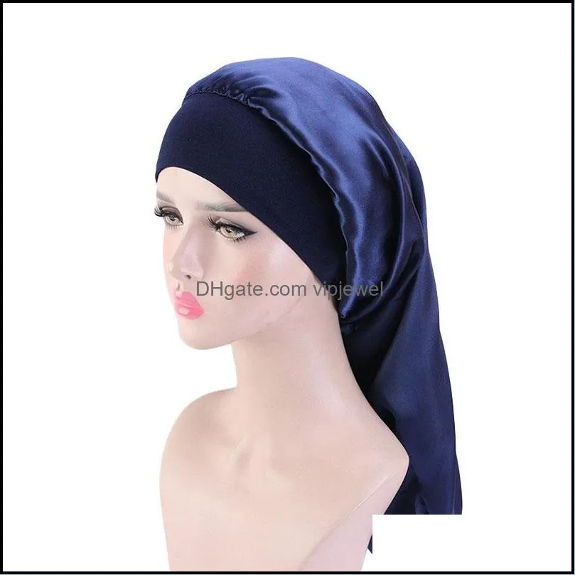 extra long satin bonnet sleep caps for women girl fashion solid color silky hair care beanie night hat