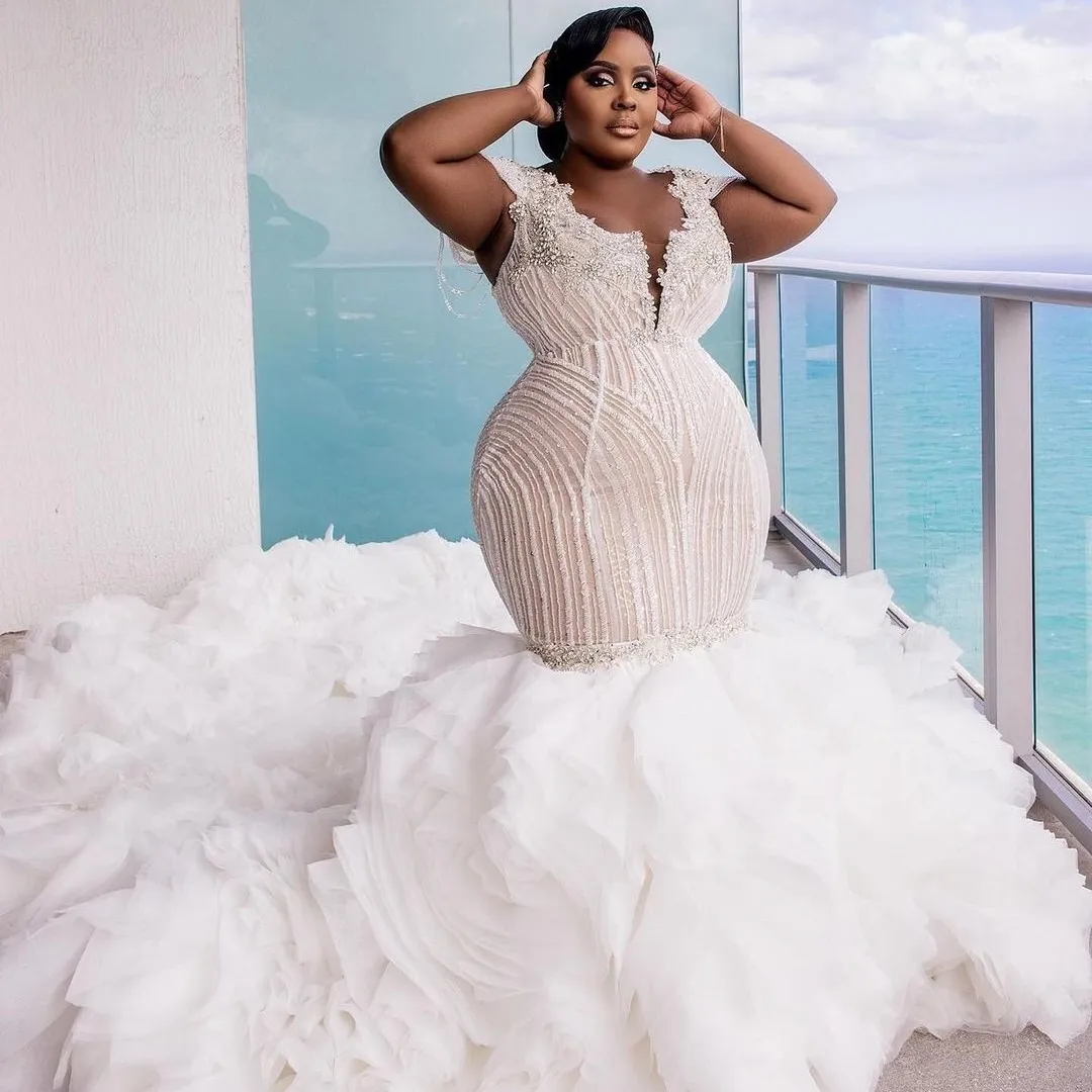 African Wedding Dresses for Women 2022 Bride Trumpet Wedding Gowns Ruffles Train Beading Crystals Plus Size vestidos de novia