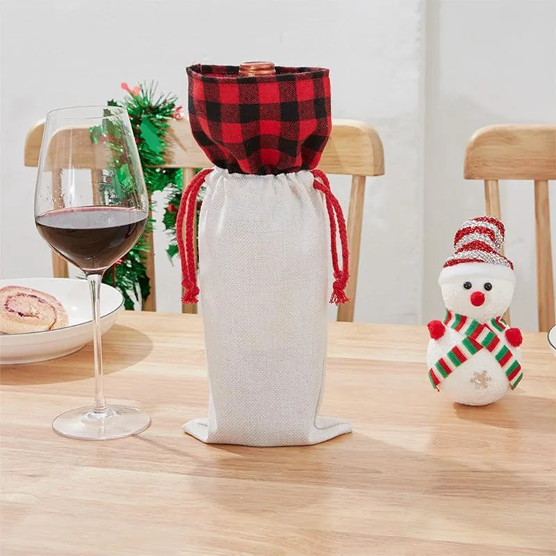 Sublimation Christmas Wine Bag Printed  Plaid Line Wines Bags Cotton Linen Drawstring Packets Customized Christmas Day Decoration
