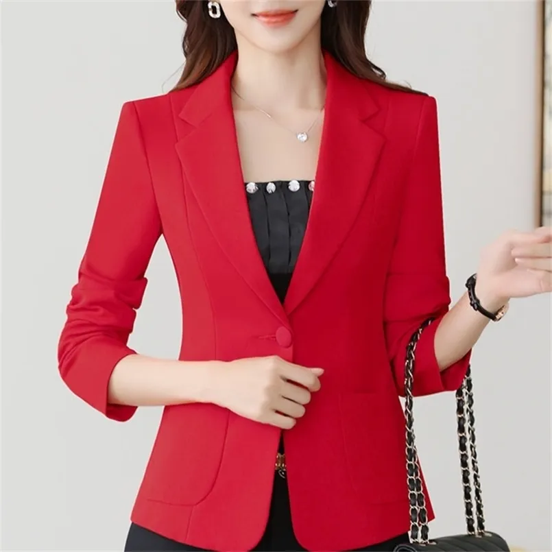 Herfst Effen Kleur Elegante Rode Blazer Vrouwen Jas Engeland Stijl Slanke Fit Lange Mouw Bovenkleding Notched Collar Single Button Top 220402