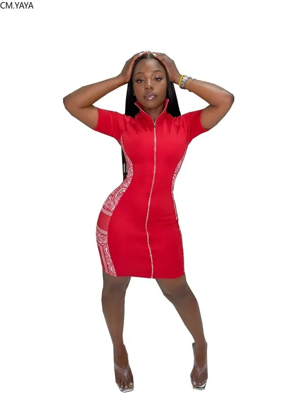 CM.YAYA Womens Short Sleeve Red And Blue Bandannas Patchwork Bodycon Midi Dress With Zipper Sexy Moto Biker Club Mini Pencil Dress 220516 From Dou01 10.55 In Bulk DHgate.Com