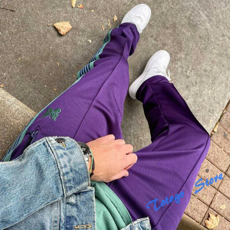 Casual Purple Joggers Sweatpants Men Women Needles Pants Butterfly Embroidery Soft Material Drawstring Zipper Pocket Trousers